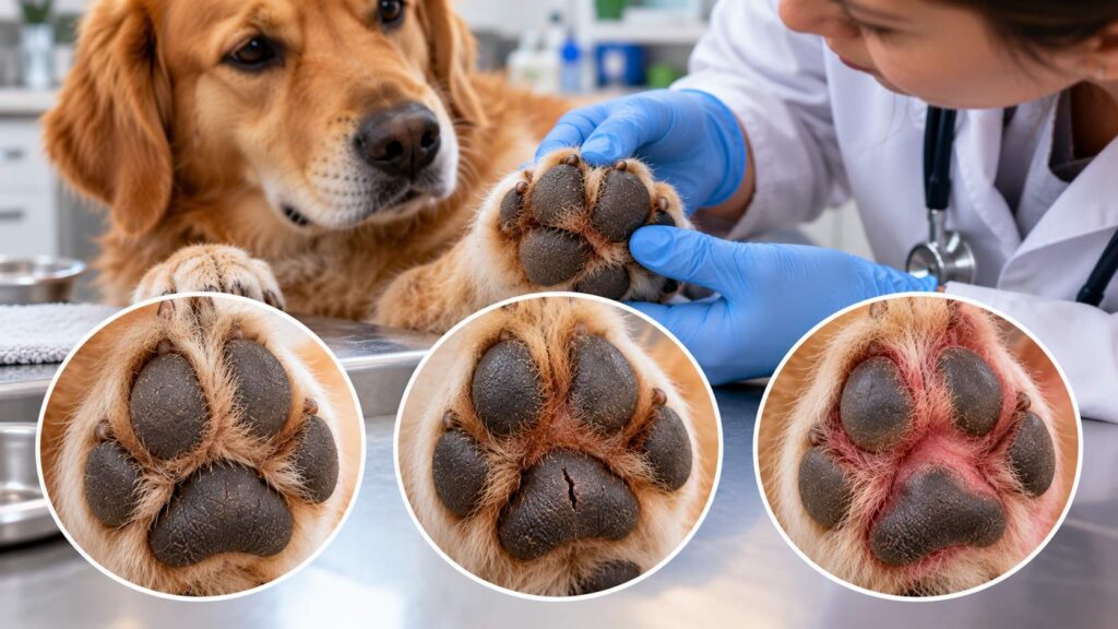 Veterinarian comparing mildly dry, cracked and irritated dog paw pads to assess their condition.