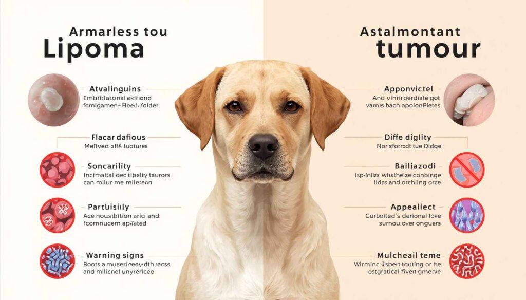 Comparison infographic showing differences between a dog lipoma and a malignant tumour.
