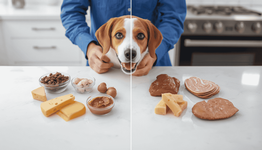 Comparison of safer dog food choices and hidden high-fat foods that may worsen acid reflux in dogs.