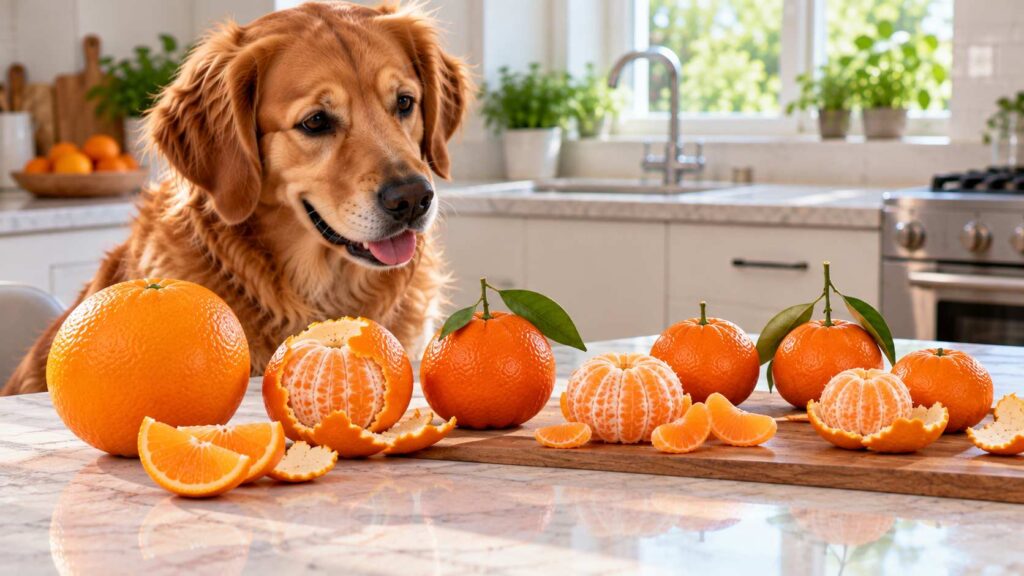 Dog beside oranges, mandarins, clementines, tangerines and satsumas displayed on a kitchen counter.