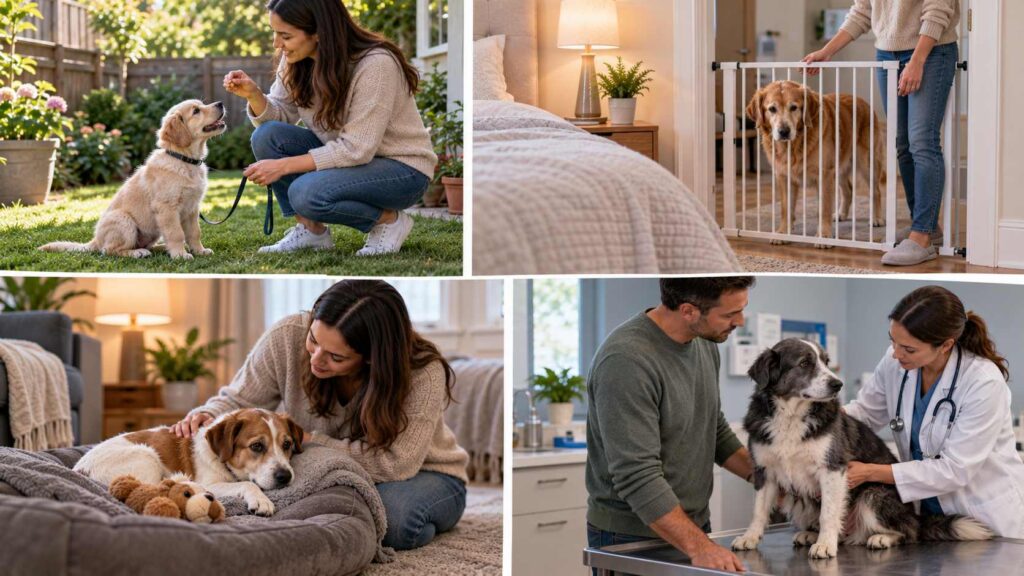 Dog owner using different approaches for housetraining, stress management and veterinary care