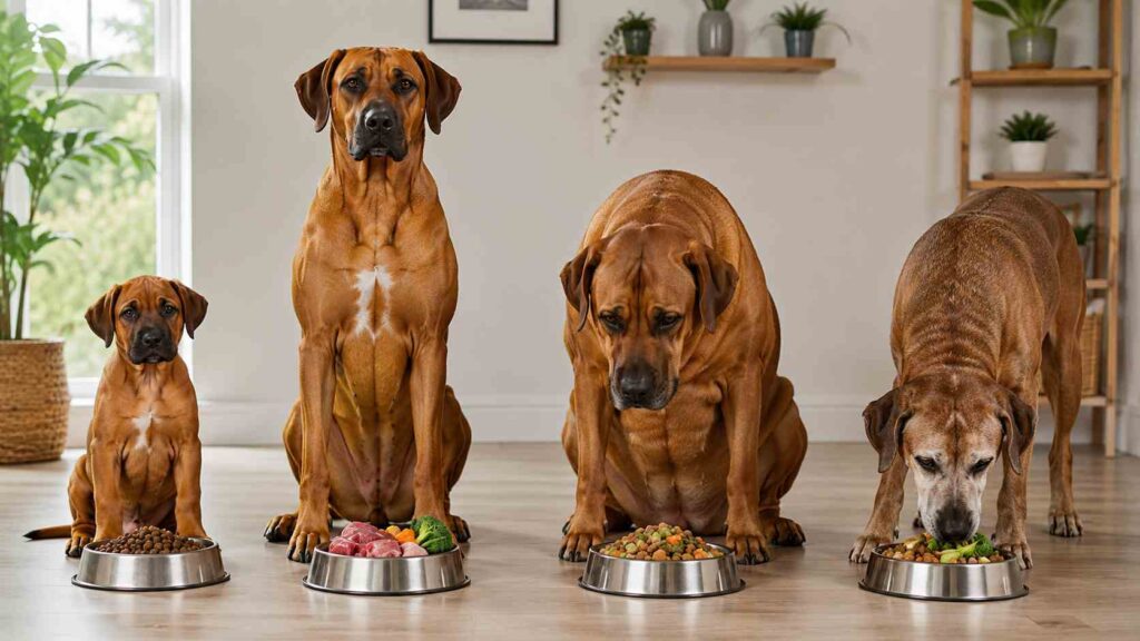 Rhodesian Ridgeback puppy, adult, overweight adult and senior dog shown with food suited to each life stage.