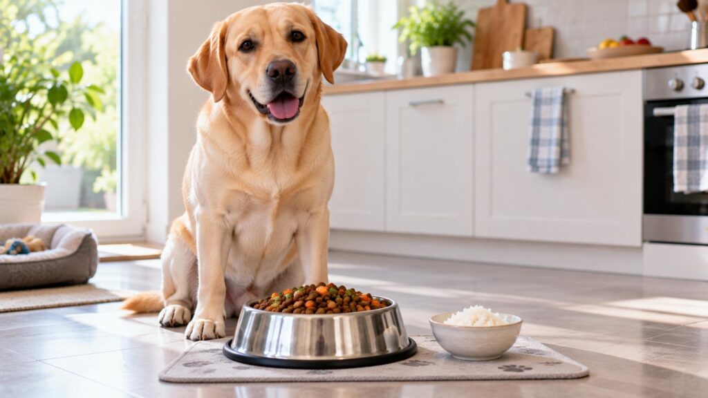 Labrador beside a complete dog food meal and a separate small bowl of cooked rice