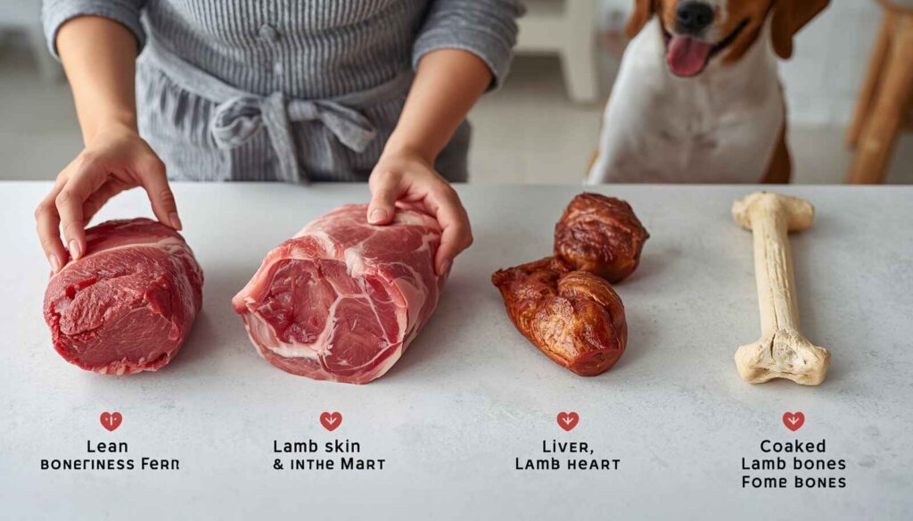 Cooked lamb meat, lamb fat, organ meat and bones compared for dog feeding safety