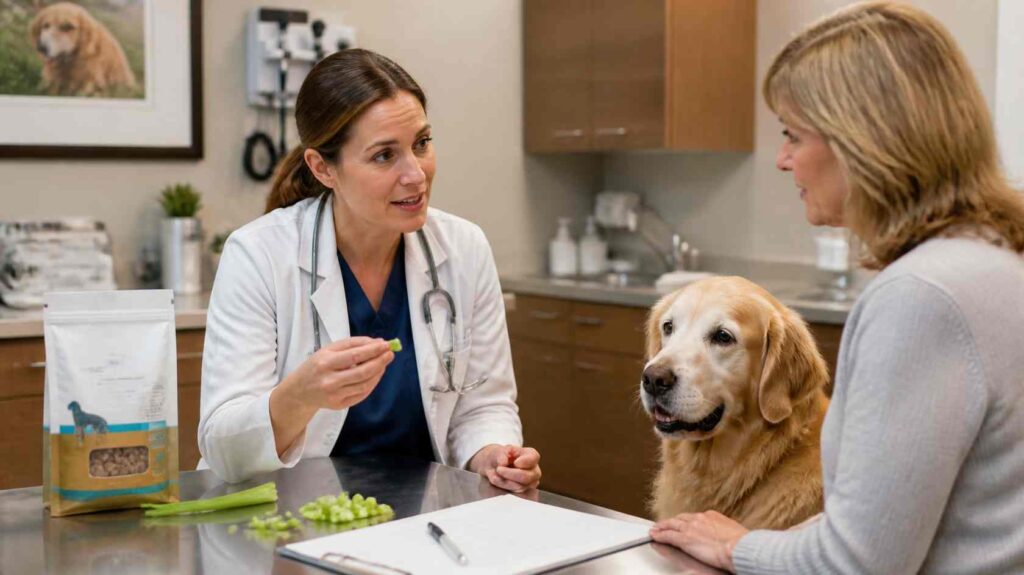 Veterinarian discussing celery treats with a dog owner beside a prescription dog food bag and chopped celery during a consultation.