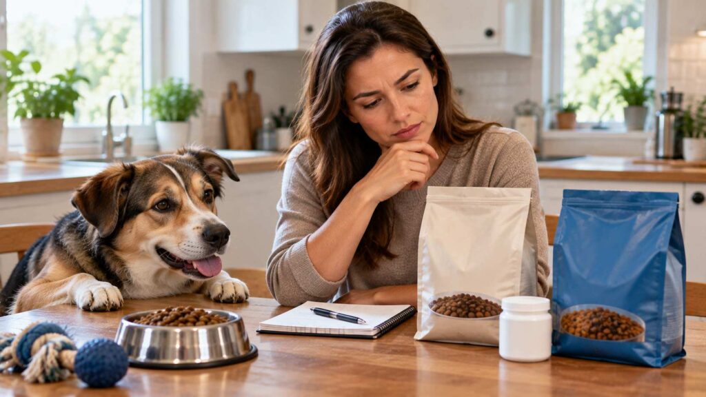 Dog owner reviewing different dog foods and supplements while a mixed-breed dog rests nearby.