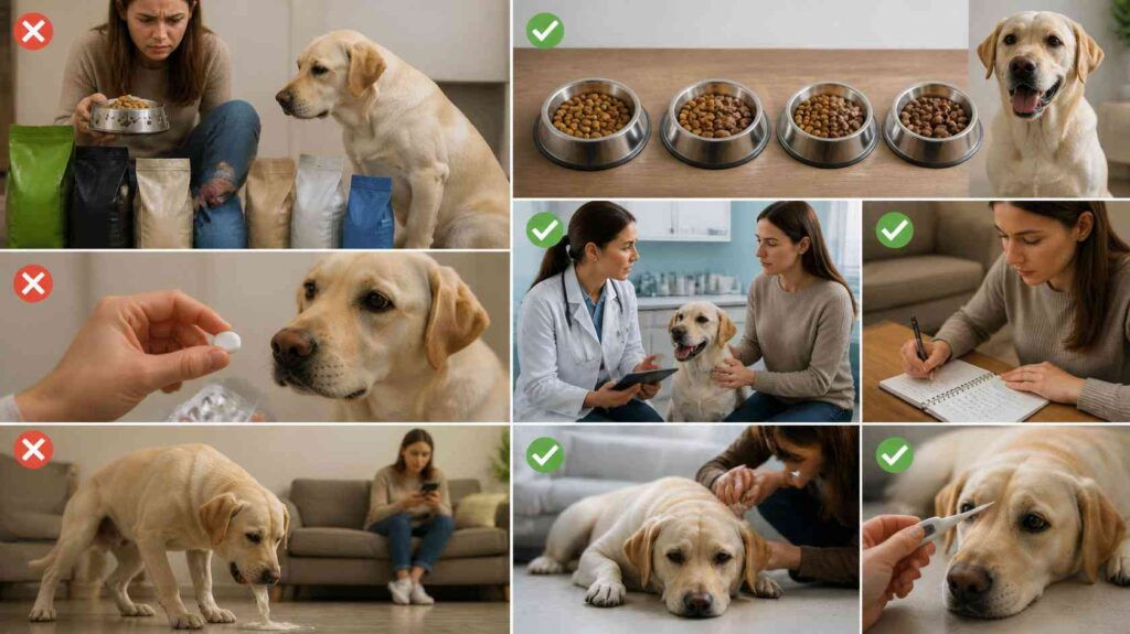 Dog owner comparing incorrect feeding practices with safe veterinary-recommended care.
