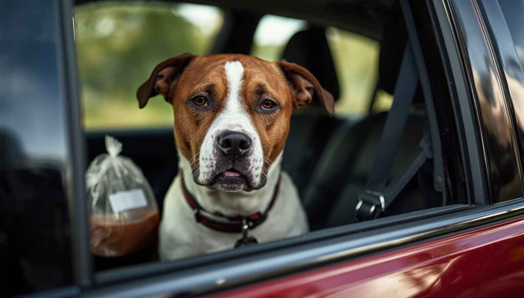 Anxious dog inside a car showing signs of motion sickness and nausea