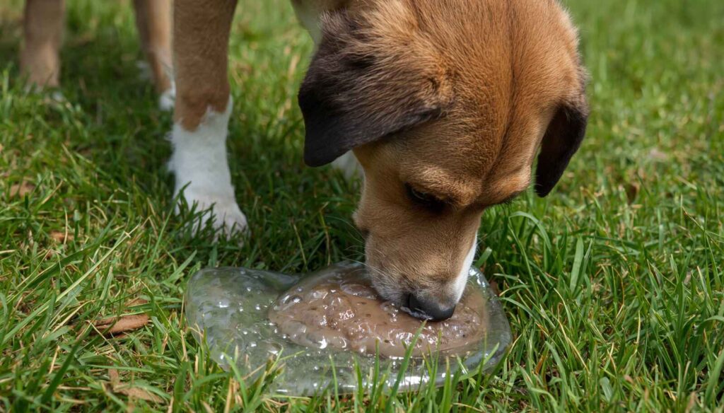 Dog outdoors with stool containing clear mucus or jelly-like slime on the grass