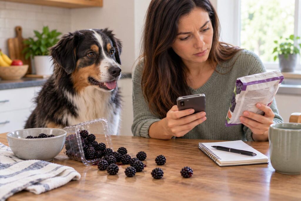 Dog owner reviewing ingredients and estimating how many blackberries their dog may have eaten