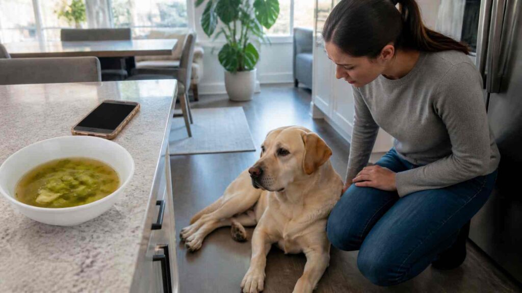 Concerned owner calmly monitoring a Labrador after it ate celery while preparing to contact a veterinarian if symptoms develop.