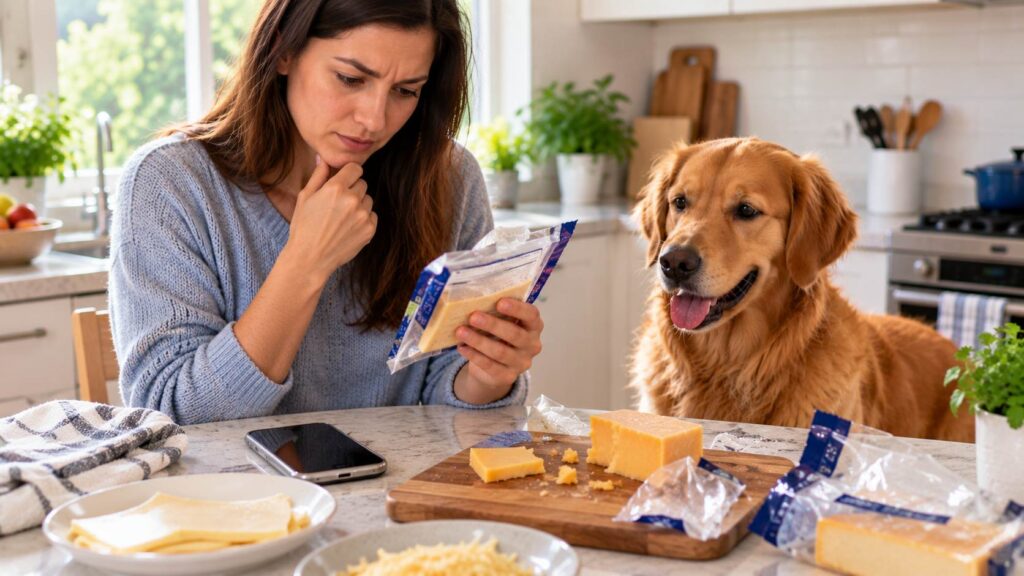Dog owner checking an opened cheese package after a dog has eaten some cheese.