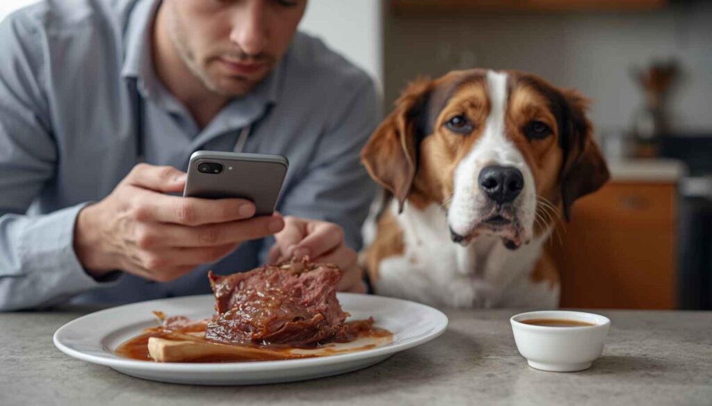 Concerned dog owner checking a dog after it ate roast lamb and may have swallowed a lamb bone