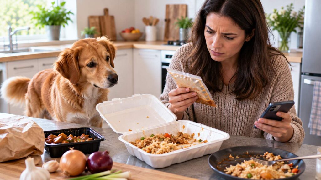 Dog owner checking ingredients after a dog ate rice from a takeaway container