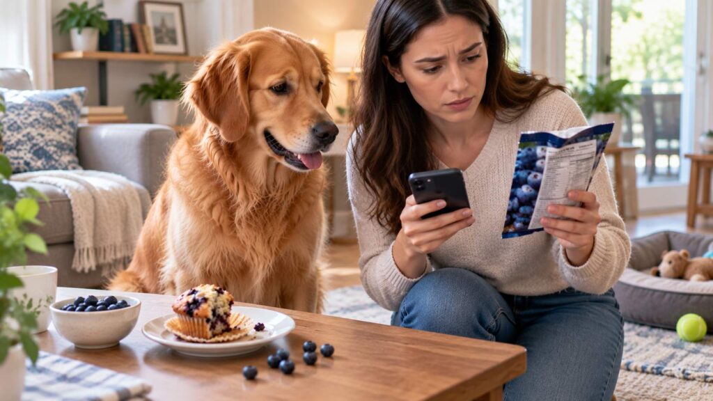 Concerned owner checking blueberry food ingredients after their dog ate some
