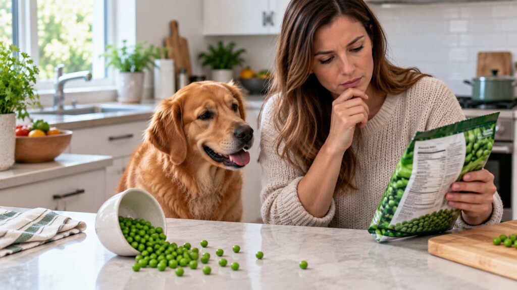 Dog owner checking food ingredients after a dog has eaten spilled green peas