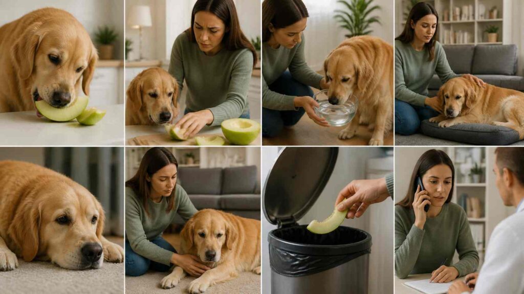 Dog owner removing leftover honeydew, offering fresh water, monitoring the dog, and contacting a veterinarian if needed