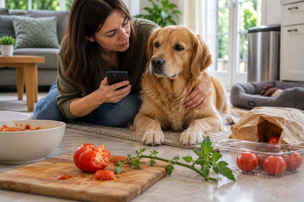 Dog owner checking a dog after possible tomato ingestion while examining leftover tomato, vine and food packaging