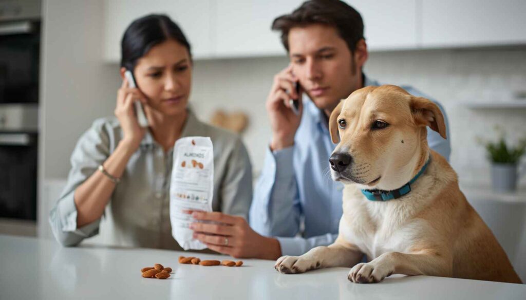 Concerned dog owner checking an almond packet and contacting a veterinarian after dog ate almonds