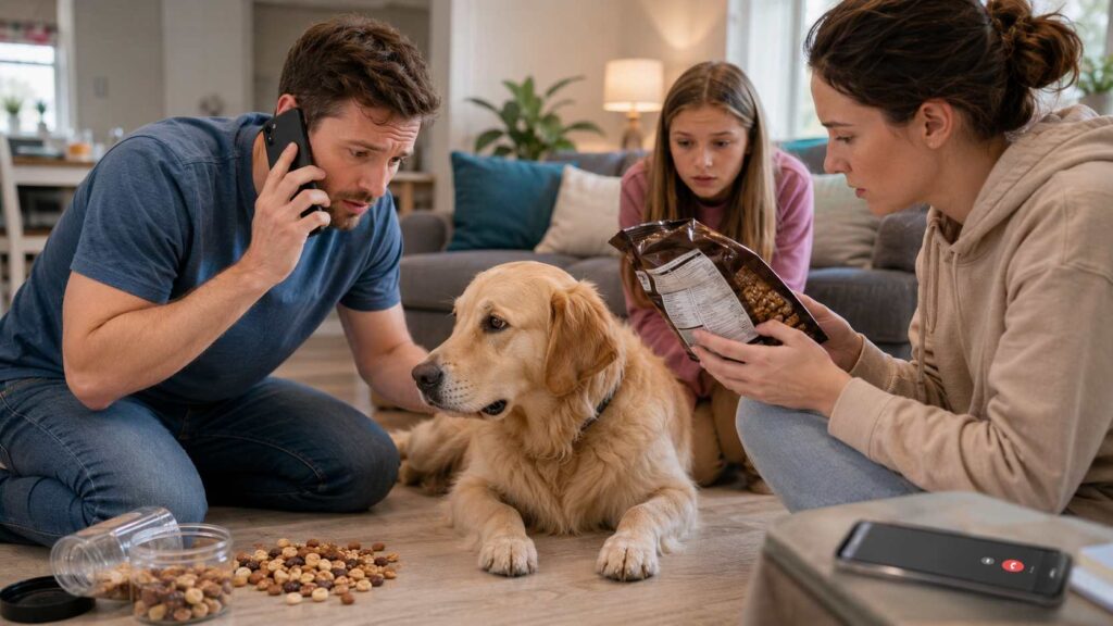 Dog owner calling a veterinarian after a dog accidentally eats nuts while checking the product ingredients