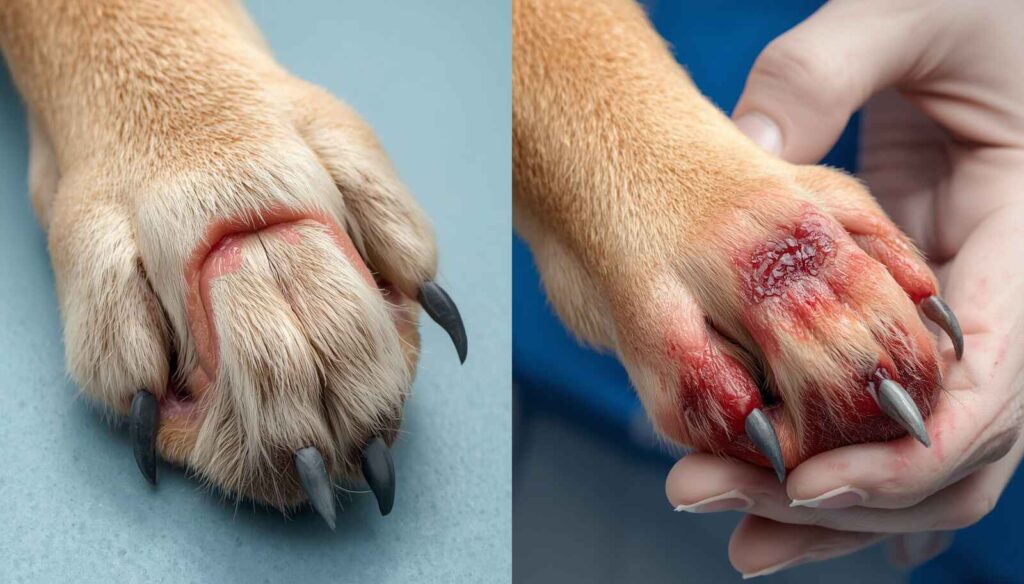 Comparison showing a normally healing dog paw wound versus an infected wound requiring veterinary attention.