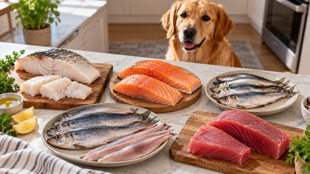 Cod, salmon, sardines, herring and tuna arranged for comparison