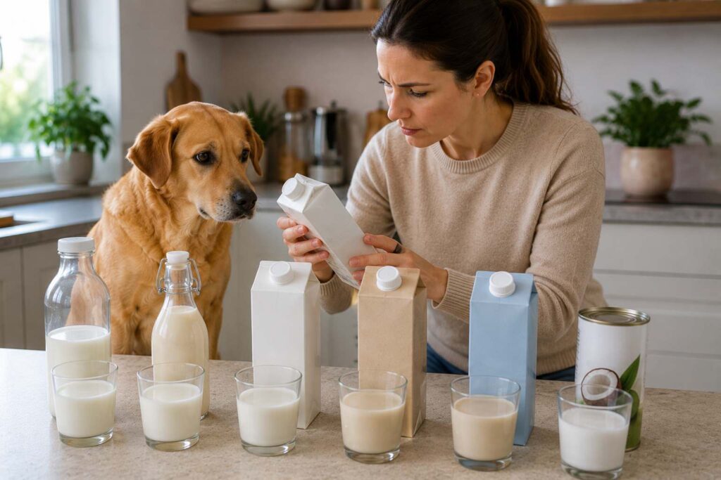 Can dogs drink milk safely when choosing between cow’s milk, goat’s milk, lactose-free milk, and plant-based alternatives?
