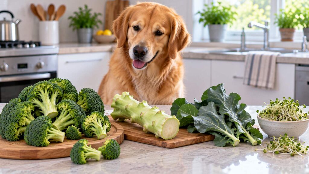 Broccoli florets, stalk, leaves, and sprouts displayed separately beside a curious dog