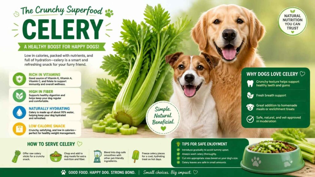 Healthy dog with fresh celery highlighting vitamins fiber and hydration benefits for dogs