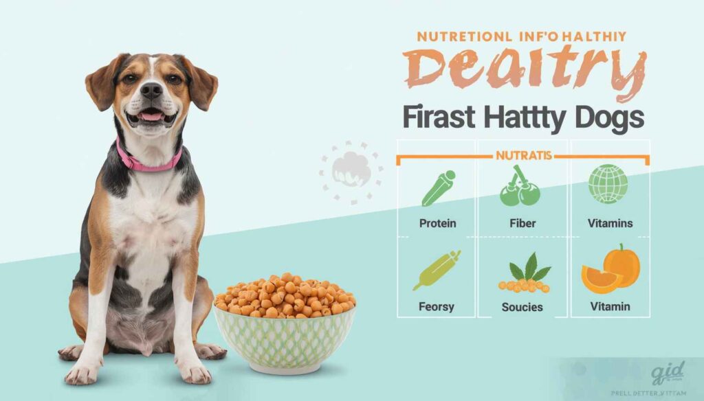 Dog sitting next to chickpeas with nutrition icons showing protein fiber and vitamins for dogs