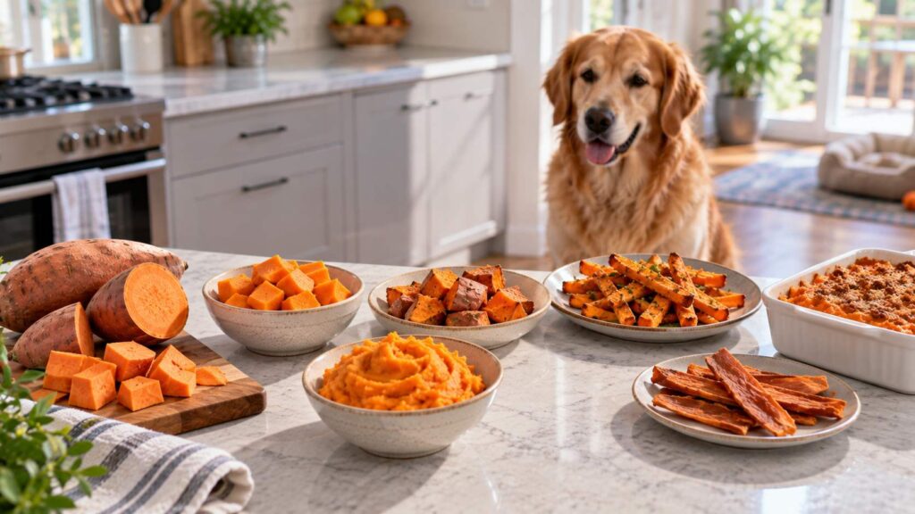 Raw, cooked, mashed, fried and dehydrated sweet potato preparations for dogs