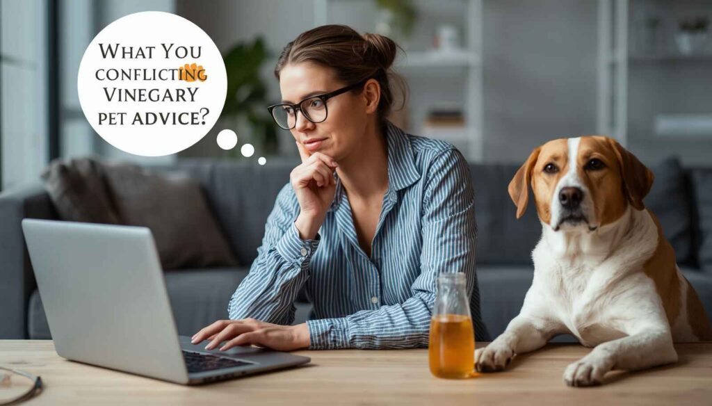 Dog owner researching apple cider vinegar facts and myths for pet care online.