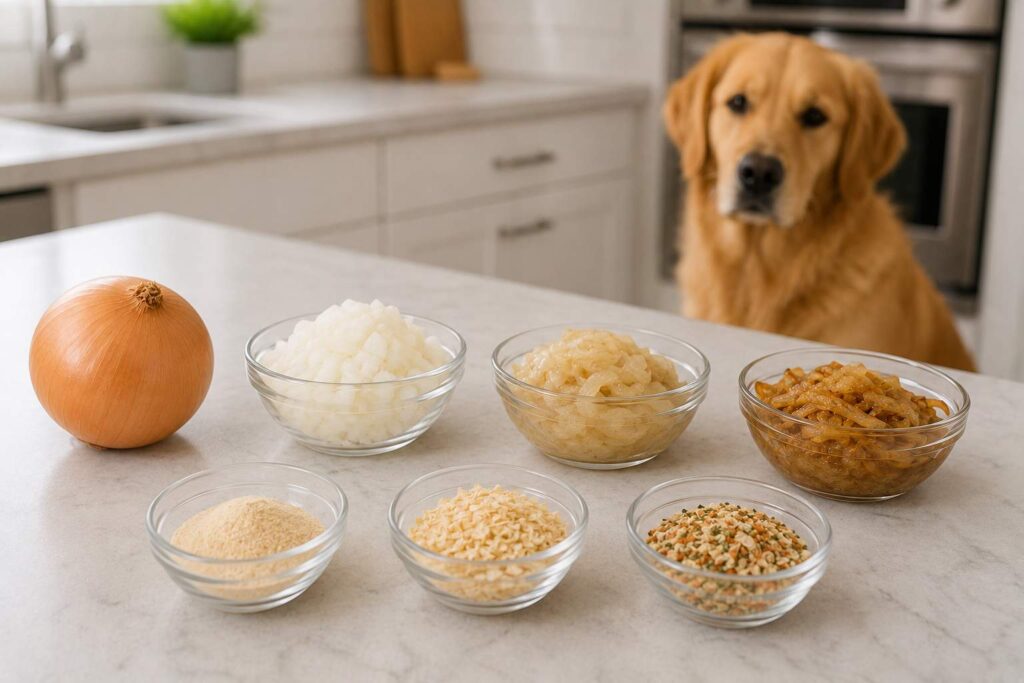 Fresh onion, cooked onion, onion powder, dried flakes and seasoning displayed in different forms.