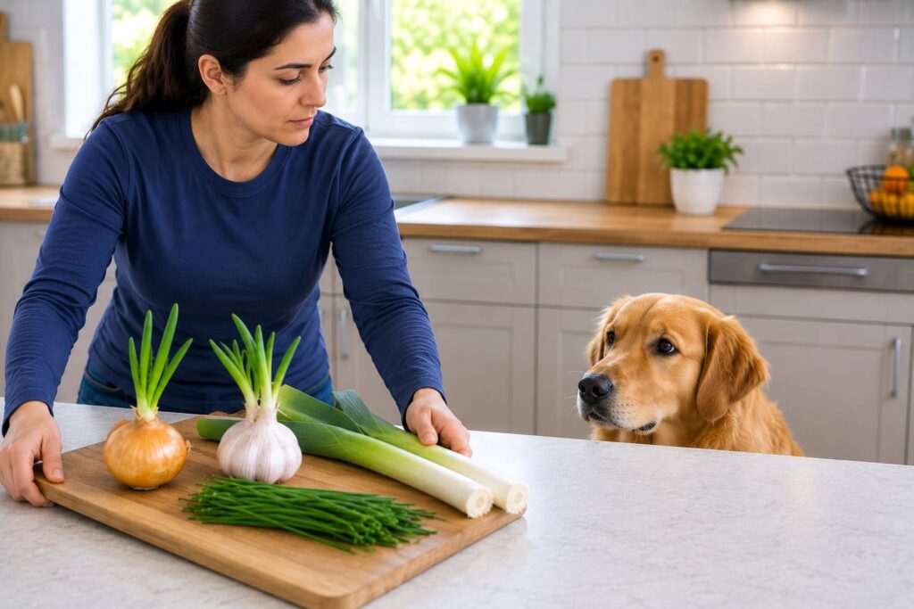 Dog kept away from sprouting onion, garlic, leek and chives in a kitchen