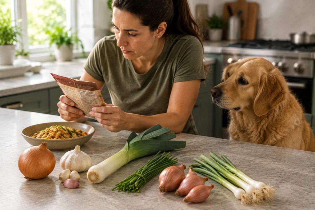 Onion, garlic, leek, chives, shallots and spring onions arranged away from a dog in a kitchen.