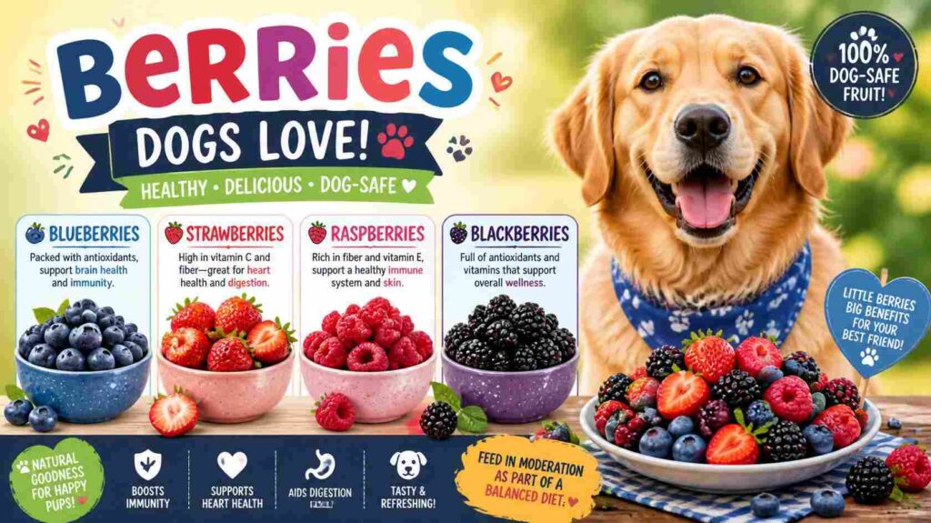 Happy dog with blueberries strawberries raspberries and blackberries as healthy berry treats