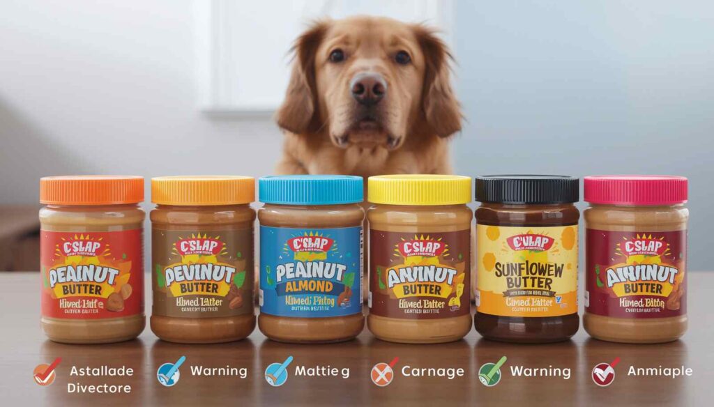 A golden retriever sitting in front of multiple jars of different nut butters, showing which nut butters are safe or unsafe for dogs
