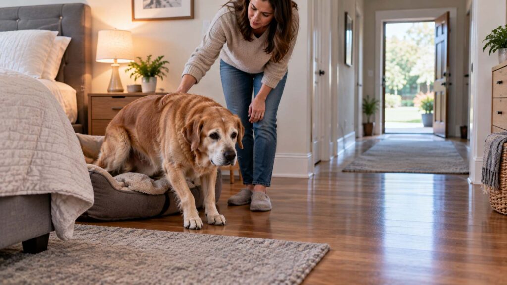 Senior dog getting up slowly near a bedroom doorway while the owner offers support