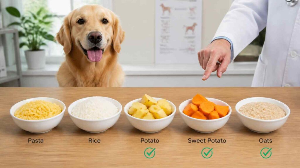 Plain pasta compared with rice, potato, sweet potato and oats for dogs