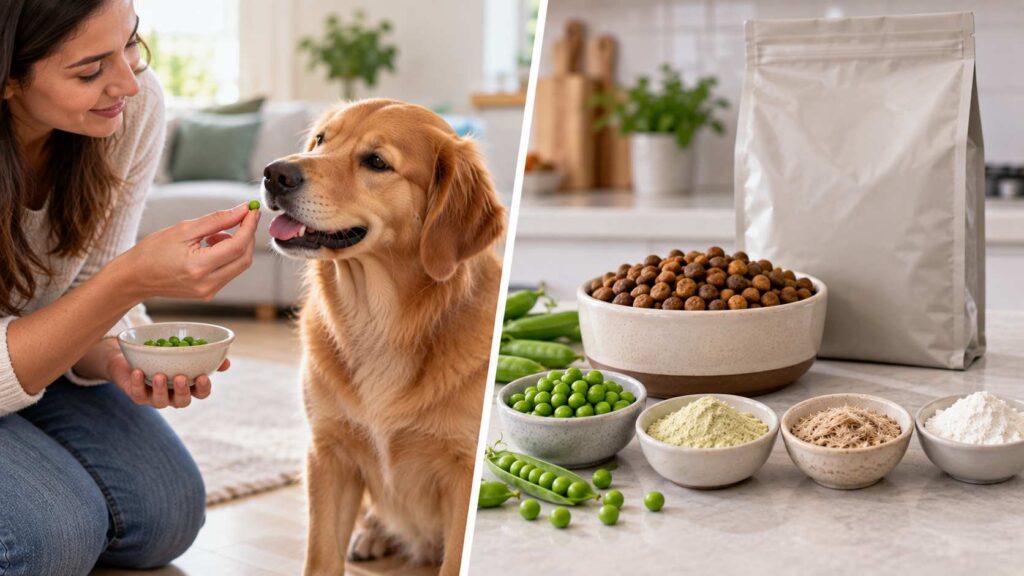 Plain whole peas used as a dog treat compared with pea ingredients used in commercial dog food