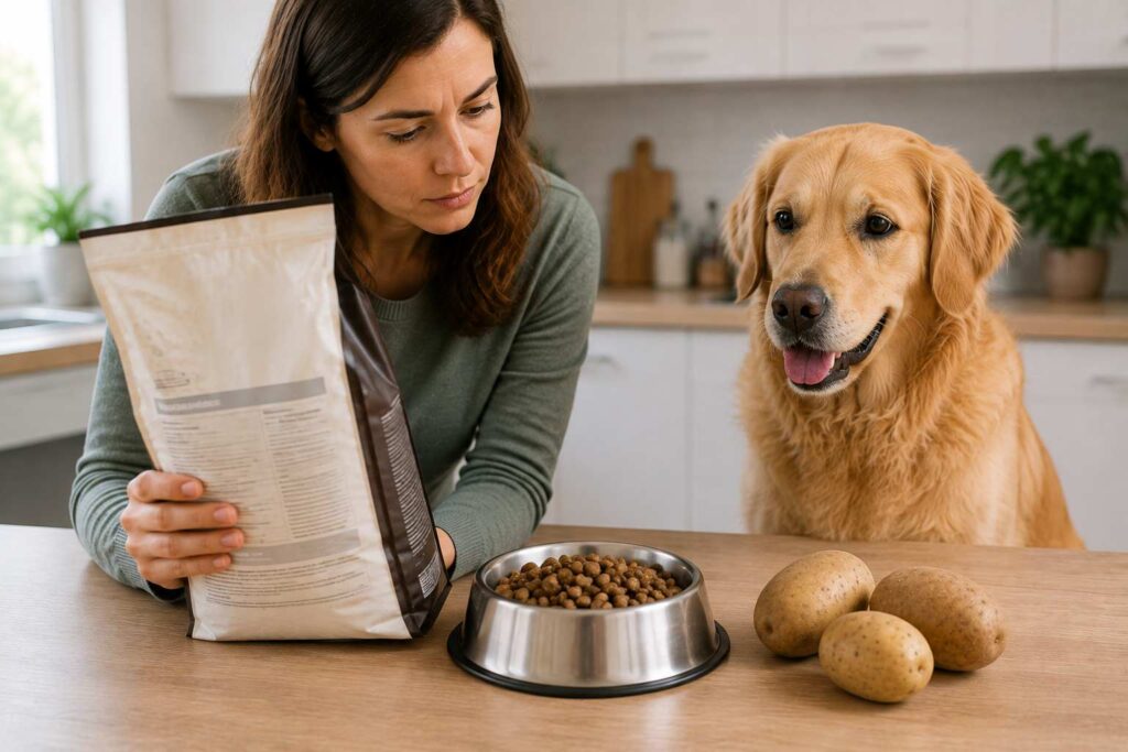 Dog beside complete commercial dog food while an owner checks the ingredient panel with potatoes displayed separately
