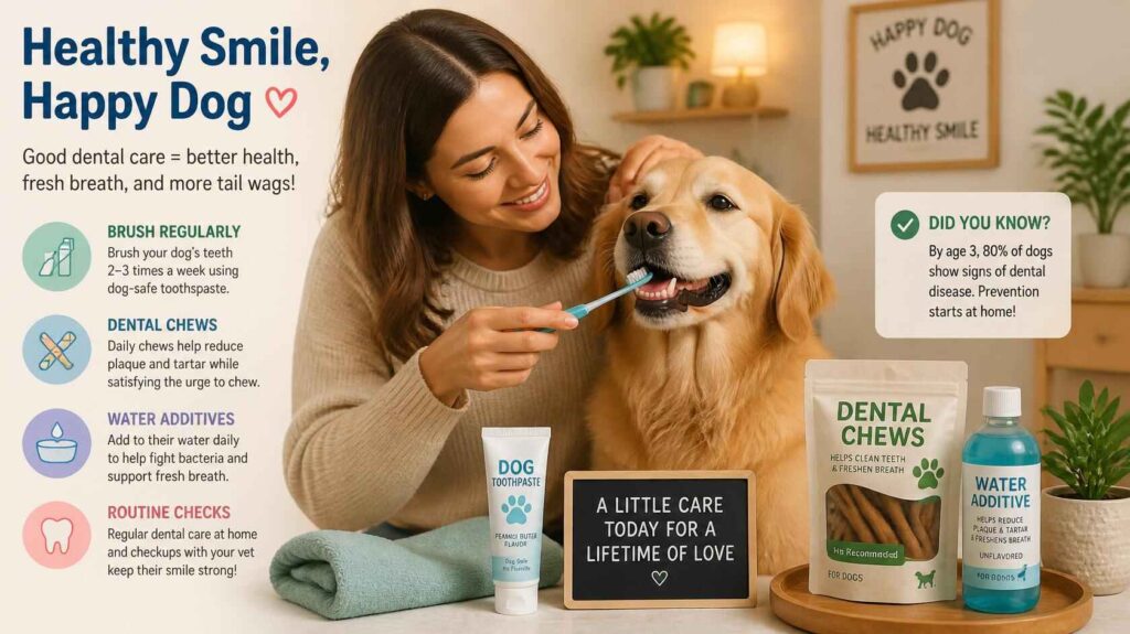 Pet owner brushing a dog’s teeth with dog-safe toothpaste at home.