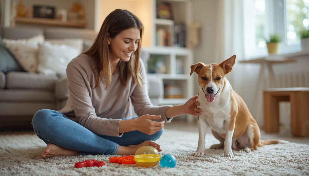 Dog owner using training exercises and puzzle toys to calm a hyperactive dog.