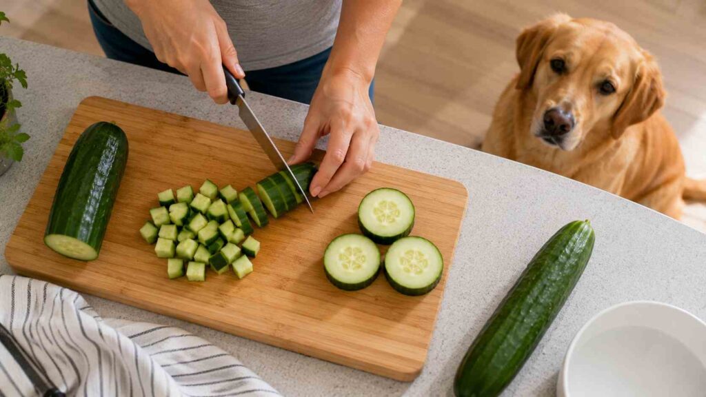 Owner cutting washed cucumber into small bite-sized pieces for a dog.