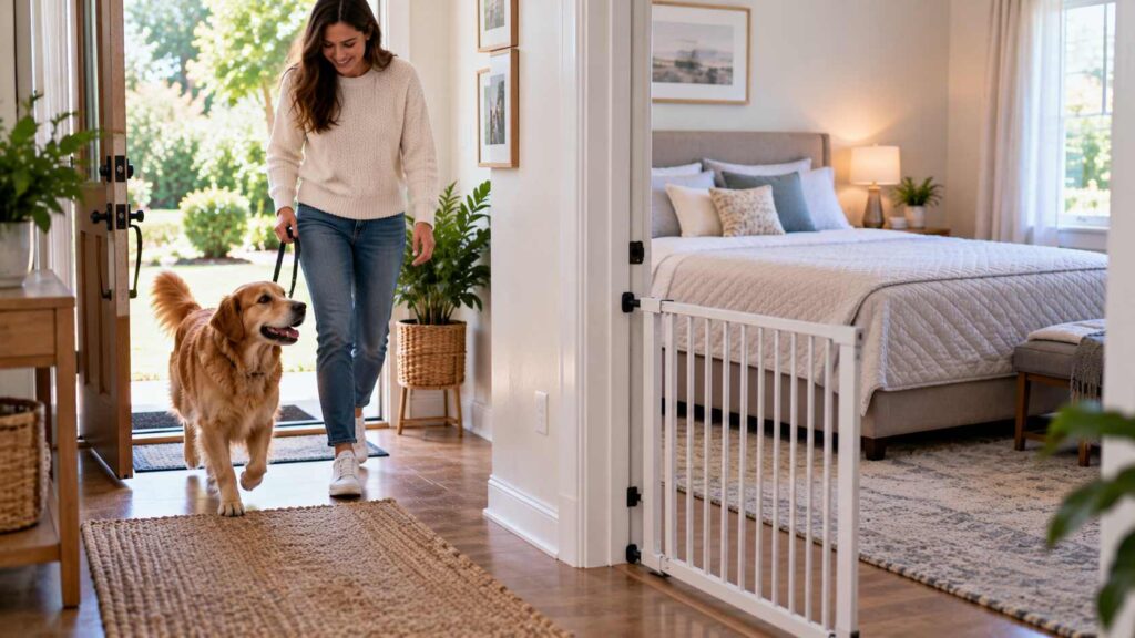 Dog returning indoors after a toilet break with a clean protected bed visible nearby