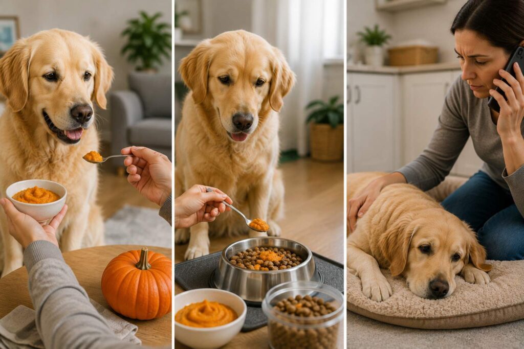 Dog shown with pumpkin as a treat, fibre addition and during digestive upset