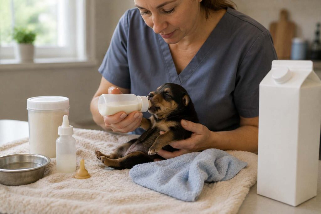 Young puppy beside commercial puppy milk replacer while ordinary cow’s milk is kept separate.