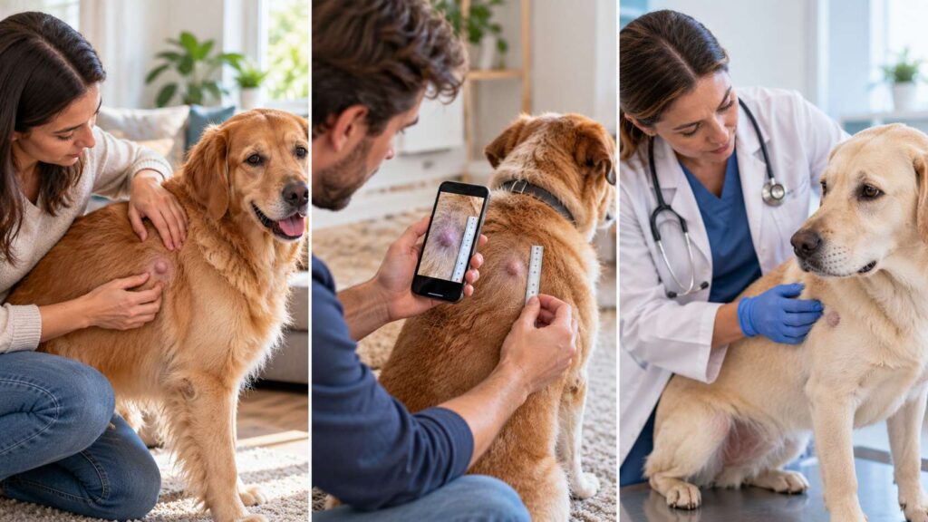 Dog owners checking a new lump, monitoring a known lump, and having a changed lump examined by a vet