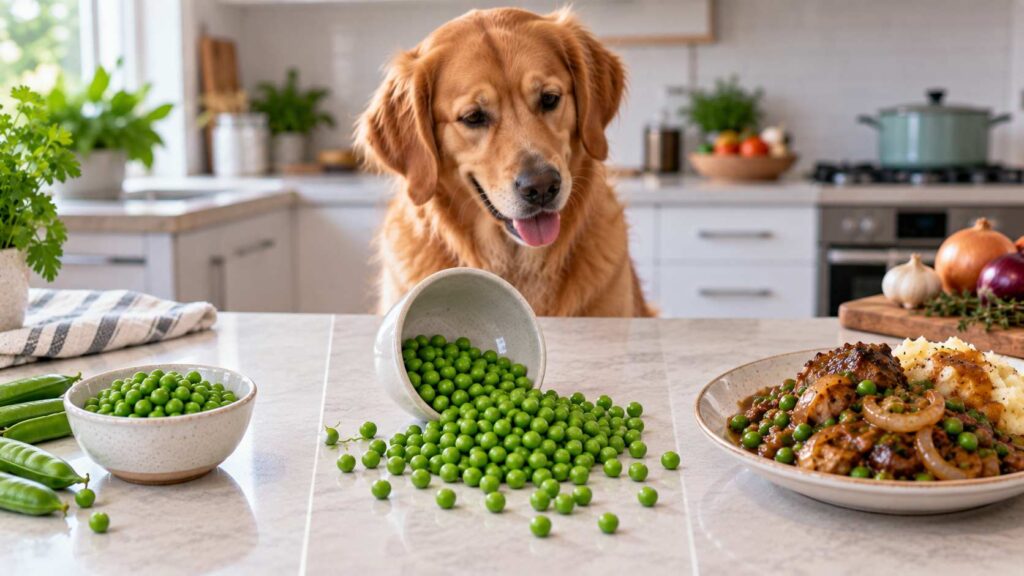 Plain peas, a large serving of peas and seasoned peas shown as different feeding scenarios for a dog