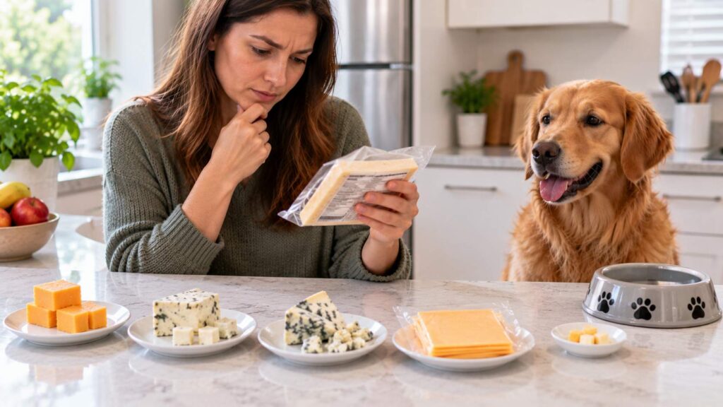 Dog owner comparing plain, flavoured and blue cheeses while checking an ingredient label.